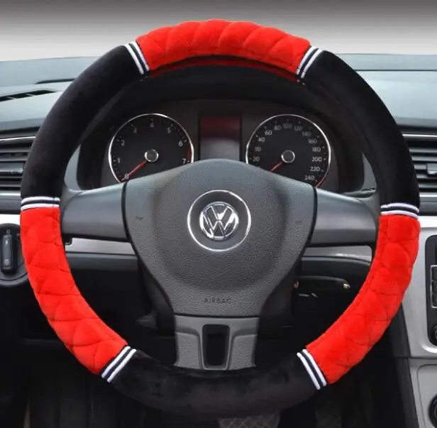 Зимний короткий плюшевый чехол рулевого колеса автомобиля 3D Руль сохраняет тепло Противоскользящий без запаха диаметр 38 см плюшевый материал - Название цвета: Red