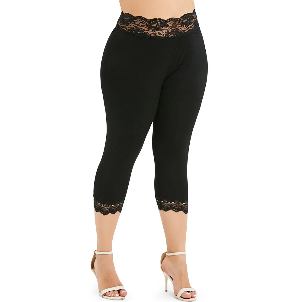 

Women Capri Skinny Leggings Slim Mesh Plus Size Lace Panel Crop Leggings High Elastic Waist Sexy Pants Leggings Push Up Trousers