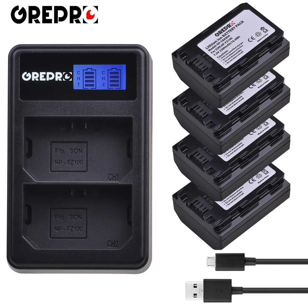 

GREPRO 4pcs 2280mAh NP FZ100 NP-FZ100 Camera Battery+LCD USB Charger for Sony BC-QZ1,Sony a9,ILCE-9,a7R III,a7 III bateria AKKU
