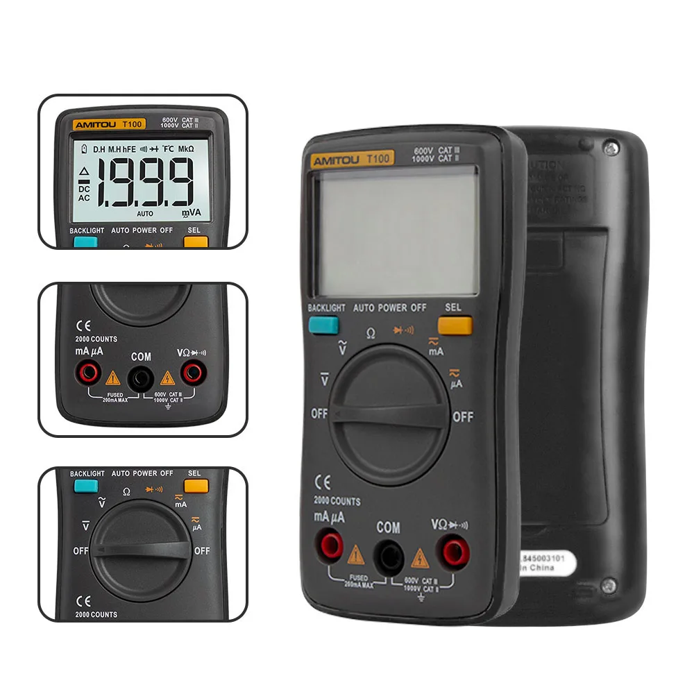 

T100 Plus Backlight Digital Multimeter Continuity Milliamp AC/DC Voltage Current Ohm Diode Resistance Capacitance Beep Tester