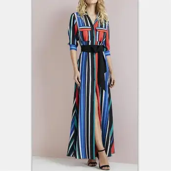 

Women Maxi Dress 2019 High Quality Summer Turn-down Collar Half Sleeves Contrast Color Stripe Slit Casual Long Dresses NP0334A