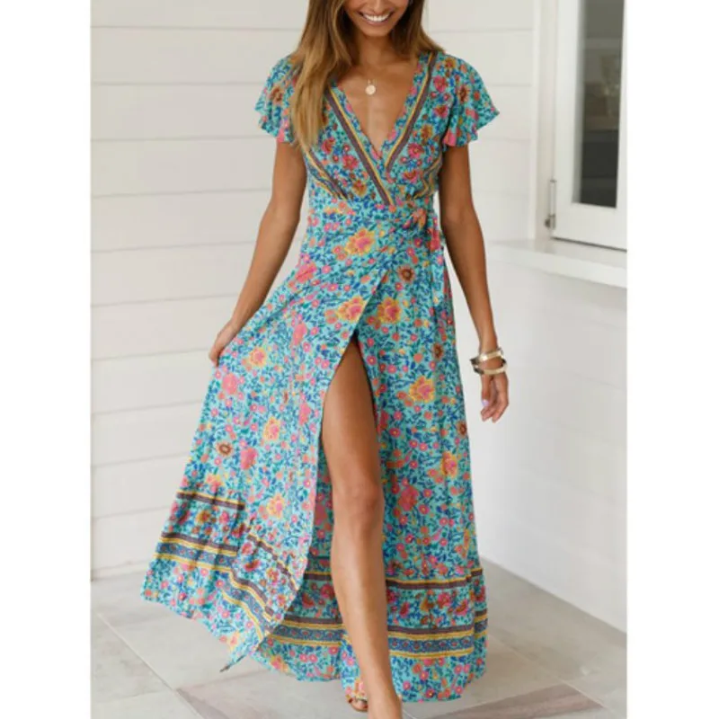 

Women Floral Print Boho Summer Beach Maxi Dress Casual V-Neck Split Sexy Party Dress Robe Femme