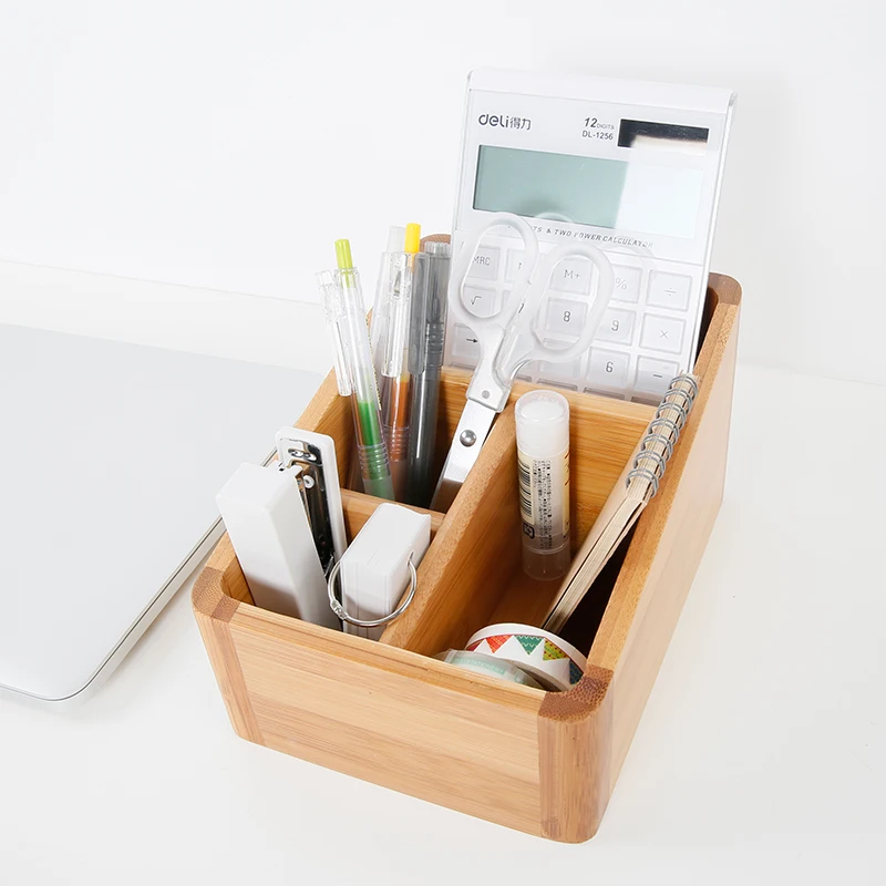 Bamboo Storage Box Table Organizer 4 Slots MultiUse Storage Box Wood Office Organizer Remote Controller Holder airtight container