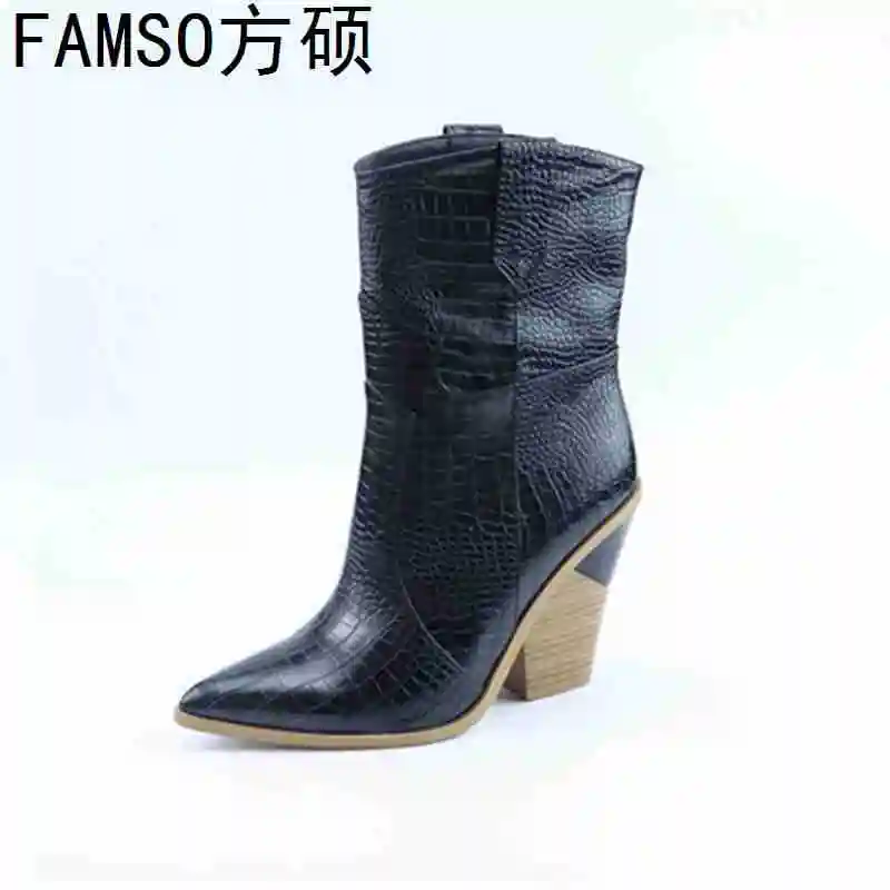 

FAMSO 2019 New Women Boots Black Blue Autumn Chelsea Boots Pointed Toe Mid-Calf Riding Boots Winter Brand Genuine Leather Boots