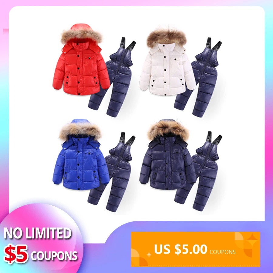 

IYEAL Winter Children Clothing Set for Boy Down Cotton Parkas Jacket Coat +Overalls Warm Windproof Snowsuit Toddler Kid Ski Suit