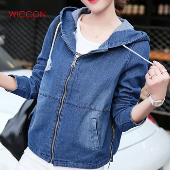

Autumn Women Cute Back Pocket Denim Jacket Short Outerwear Female Top Loose Hooded Zip Coat Casual Jeans Jacket