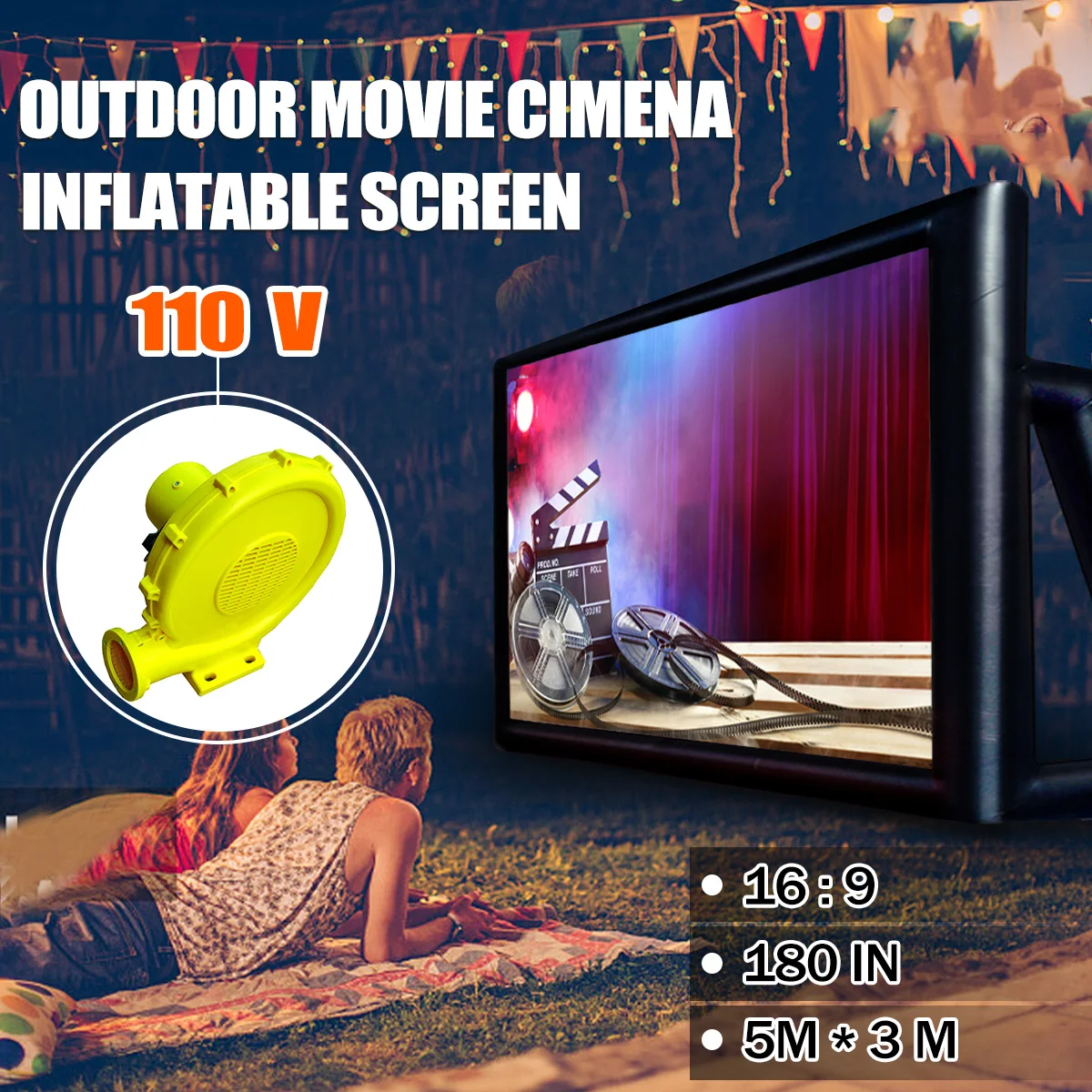 

5x3m 16:9 Giant Inflatable Movie Screen Outdoor Projector Projection Film Cinema Theater Backyard + 110/220V Inflatable Blower