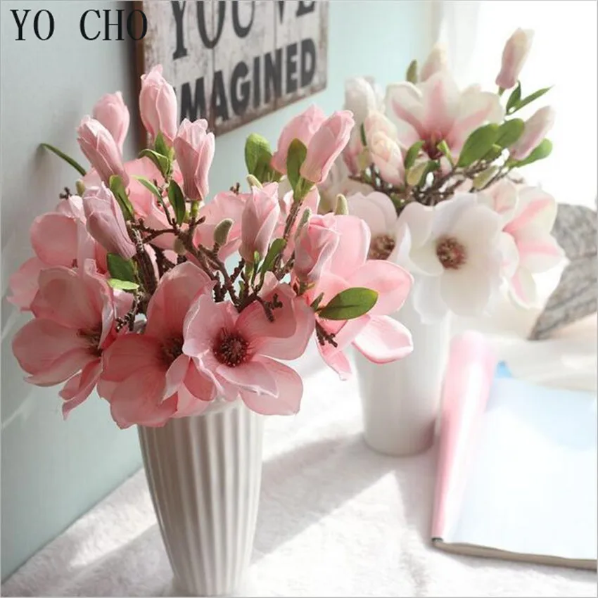 

YO CHO Artificial Flowers Silk Wedding Decoration Fake Eustoma Fleurs Hogar Christmas 3 Colours Plant Succulents Magnolia Floral