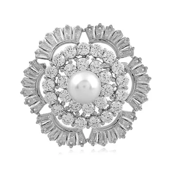 

Mainlead AAA CZ Zirconia Flower Brooch Pins Round Simulated Pearl Large Brooches For Women Wedding Gift Fashion Jewelry