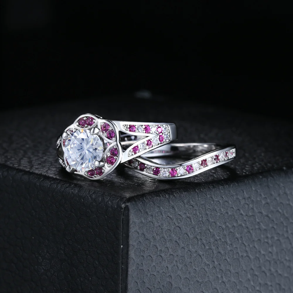 Double Fair Geometric Flower Crystal Rings For Women Engagement Ring Set White Gold Copper Jewelry DFYG014