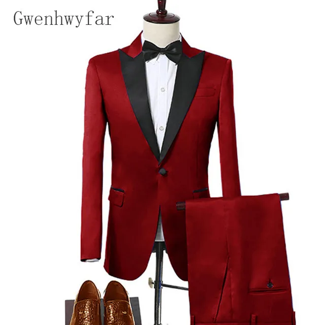Gwenhwyfar 2018 Men Suit Set Dark Red Prom Wedding Groom Tuxedos Slim