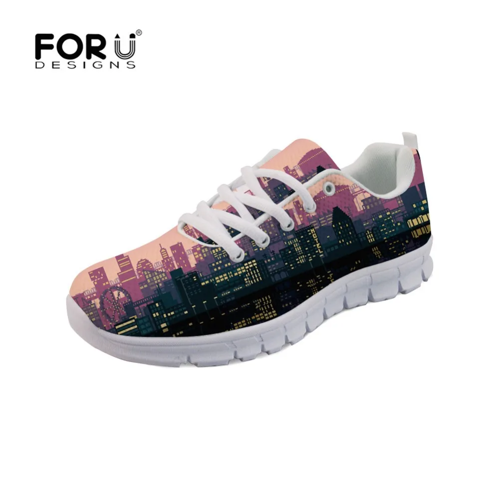 

FORUDESIGNS Flat Women Nurse Sneakers Shoes Art City Landscape Construction Print Casual Breathable Mesh Shoes Lace up Footwear