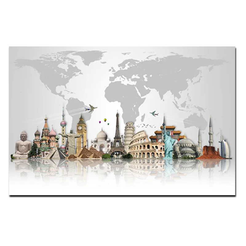 Abstract Famous City Buildings on World Map