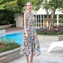 VOA 2017 Summer Silk Sleeveless Print Sashes Slim Holiday Beach Dress Plus Size Bohemian Women Casual Pleated Dress ALX08006