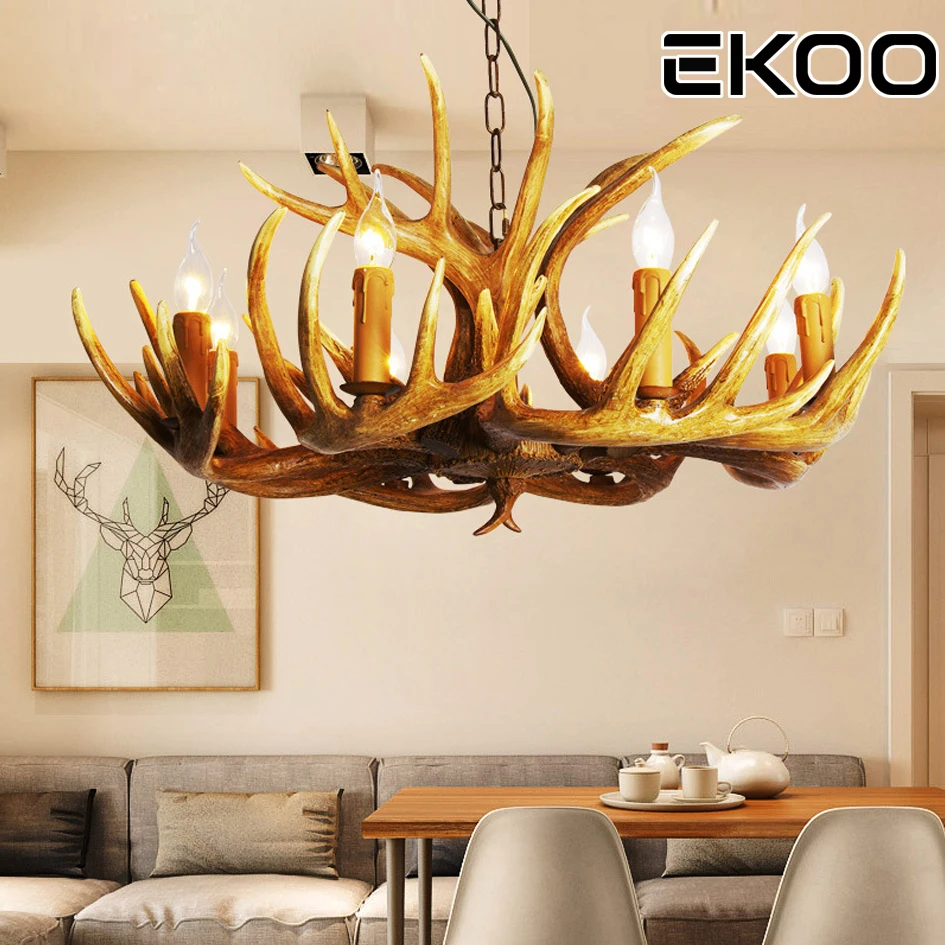 

EKOO Rustic Deer Antler Chandelier Lighting Home Cafe Bar Vintage European Industrial Style