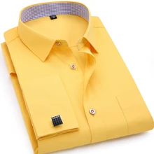 Мужские французские запонки с длинными рукавами, рубашки, черные, белые, синие, желтые, с отворотом, мужская деловая рубашка, подходит для свадебной вечеринки, мужская одежда