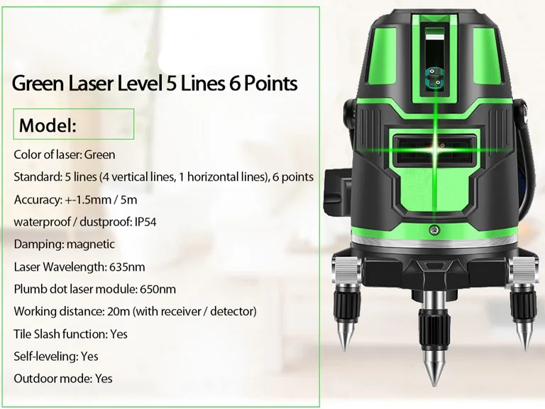 Зеленый лазерный уровень, 5 линий, 6 точек, вращающийся на 360 градусов, самонивелирующийся лазерный уровень, 3D наружный режим, рычаг, строительные инструменты