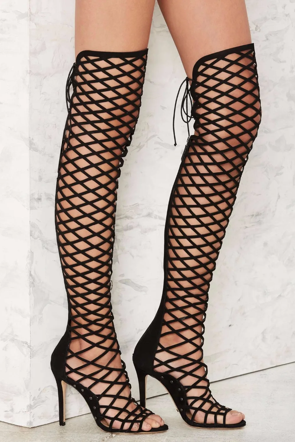 

hot selling black suede cutouts over the knee boots sexy open toe back lace-up thigh high boots summer gladiator sandal boots