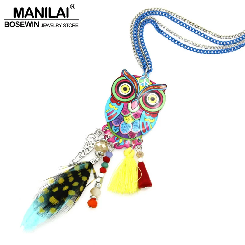 MANILAI Fashion Long Chain Multicolor Owl Pendant Necklaces With Feather Crystal Bead Tassel Women New Accessories Charm Jewelry