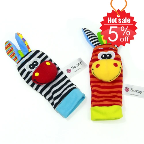 Sozzy/2 шт., мягкие детские игрушки, носки с ремешком на запястье, милый мультяшный садовый жук, плюшевая погремушка с кольцом, колокольчик, 0M - Цвет: Sock A 1 pair
