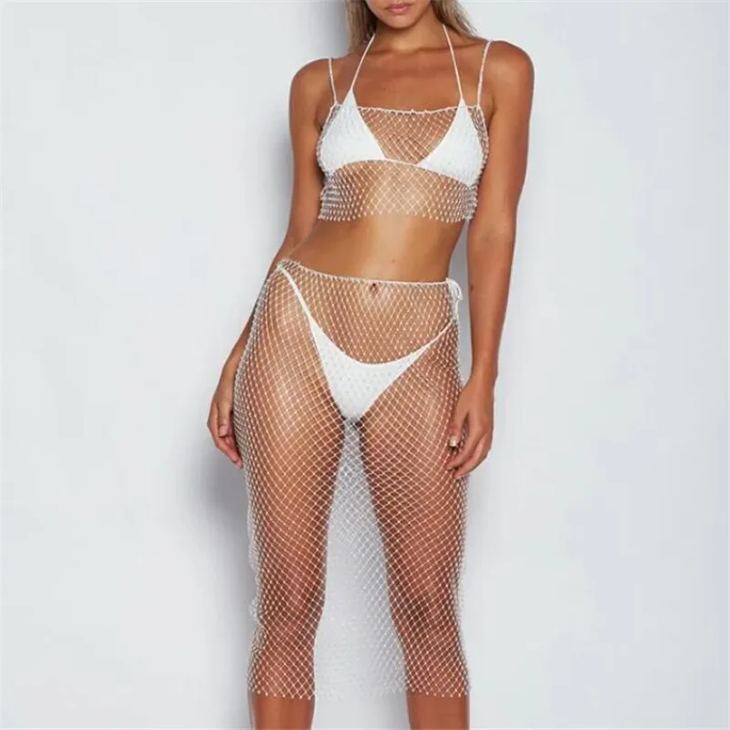 

2018 New Women Rhinestone See Through 2 Pieces Set Fishing Net Tracksuits Navel Bare Crop Camis Tank Tops & Elastic Skirts Set