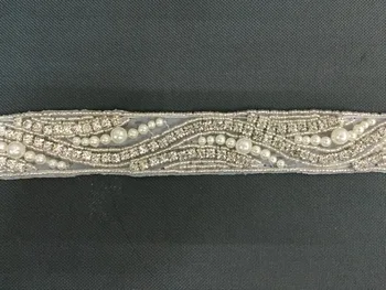 

10Yards elegant clear glass crystal rhinestone applique hotfix pearl flower trims for bridal wedding sash decoration