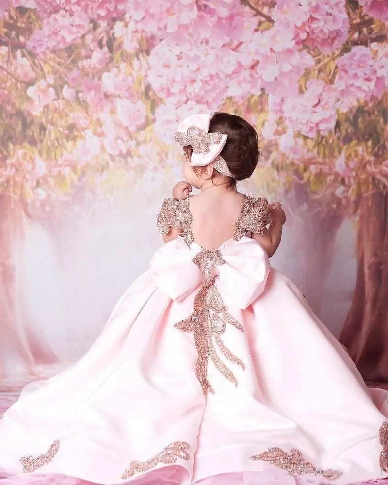 Pink Girls Birthday Dress with Sweep Train, Beaded Applique, and Cute Bow - Customized Size & Perfect for Formal Wear image 4