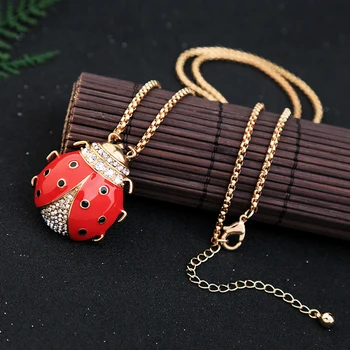 

Cute Red Enamel Crystal Ladybug Pendant Necklace 2019 New Insect Long Necklace Fashion Jewelry Wholesale New Accessories