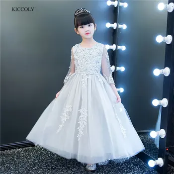 

2017Flower Girl Lace Seven Points Sleeve Princess Dress Kids Beaded Ball Gown Girls Wedding Dress Children's Piano Evening Dress