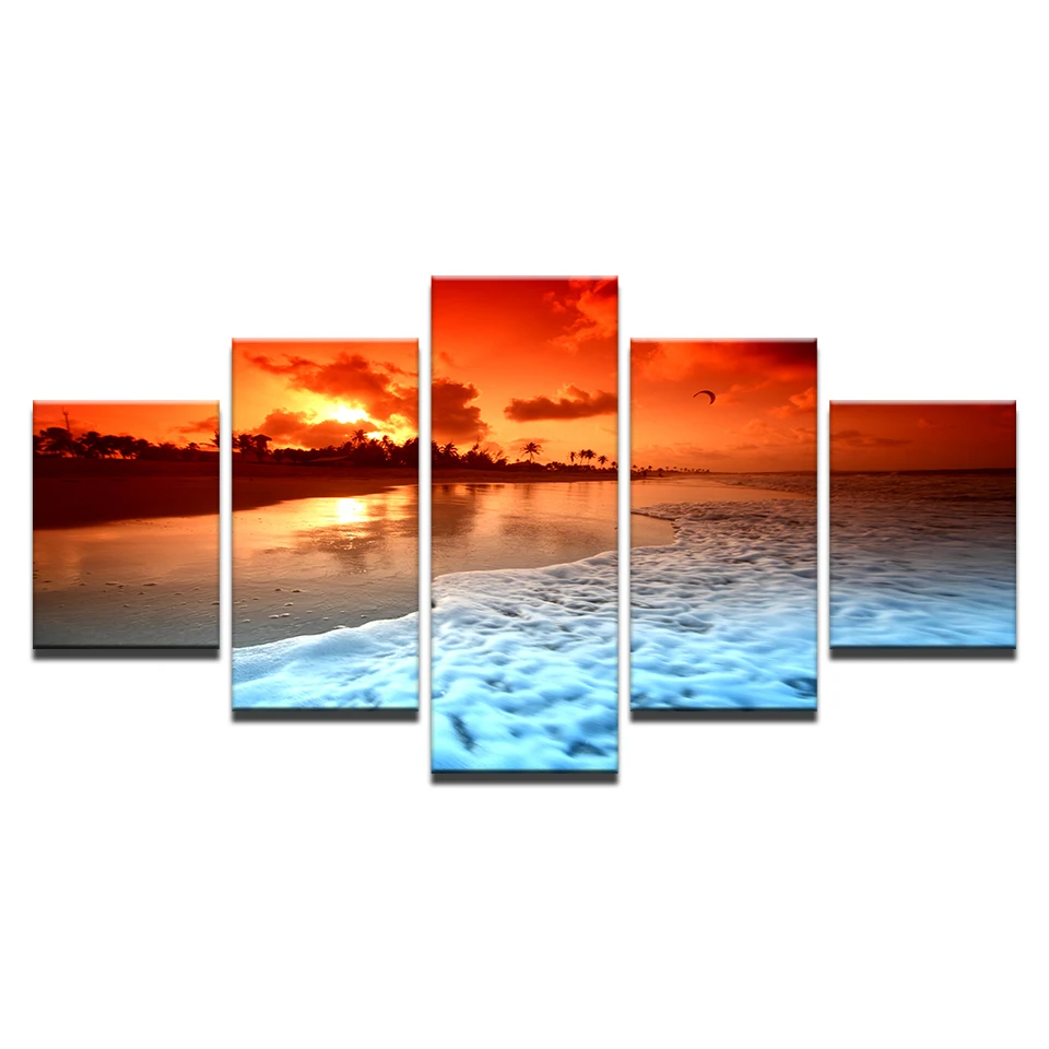 Картины на холсте модульные настенные художественные рамки 5 шт. Закат свечение пляж морские волны плакат HD Печатный морской пейзаж картины Домашний декор