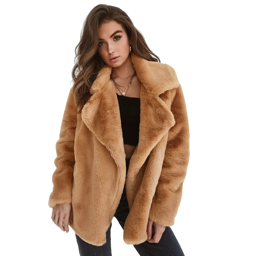 Casual Solid Thin Plush Jackets Long Sleeve Women Turn down Collar Slim Coat Solid Color