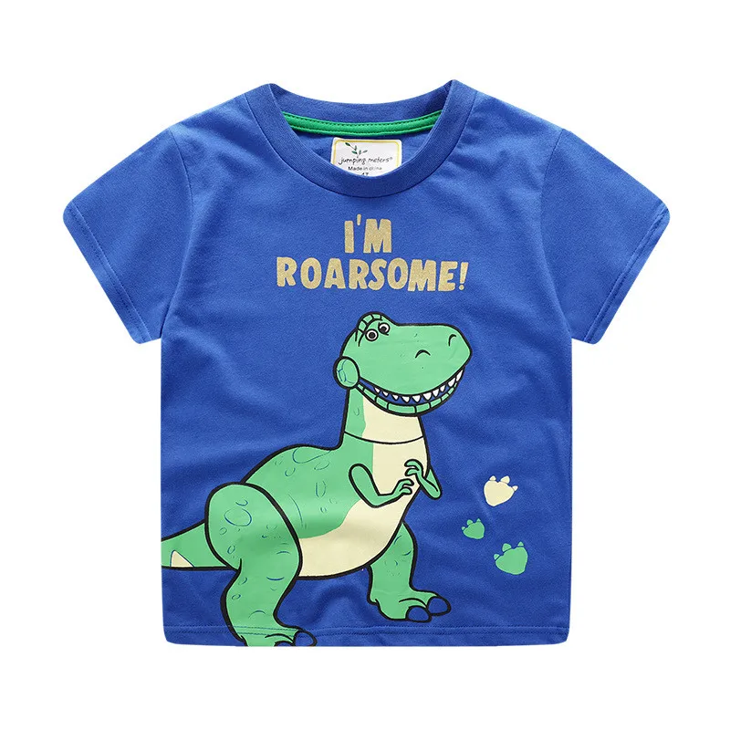 Jumping meter/Летняя детская футболка для мальчиков; футболки с короткими рукавами с принтом животных; Детские модные повседневные топы С Рисунком Тигра, жирафа - Цвет: T6445 Blue dinosaur