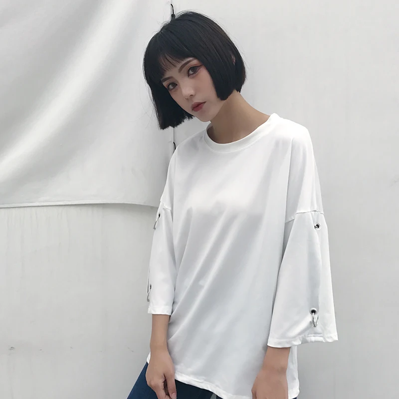 Летняя футболка женская с длинным рукавом Harajuku Повседневная футболка корейский стиль Ulzzang уличная футболка размера плюс женская одежда 50G0026