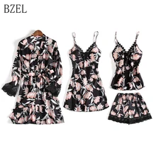 BZEL летний цветочный принт 4 шт набор халатов женский сексуальный кружевной ночной наряд набор дамское шелковое атласное Ночное платье с v-образным вырезом мягкий пояс Халат