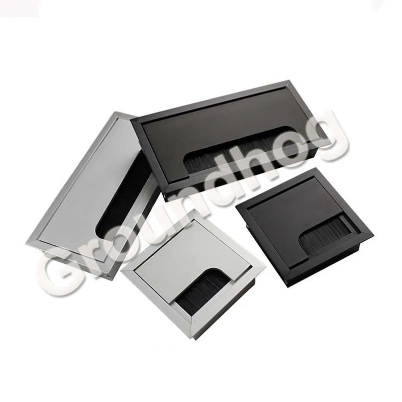  Aluminum Alloy Table Desk Rectangle Wire Cable Grommet Hole Cover Outlet Port with Black Brush