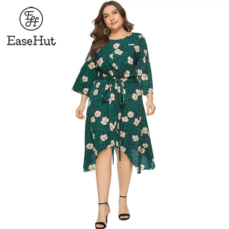 

EaseHut 6XL Plus Size Leopard Floral Print Dress Women 3/4 Sleeves Tied Waist Asymmetrical Boho Casual Summer Dress 2019 Vestido