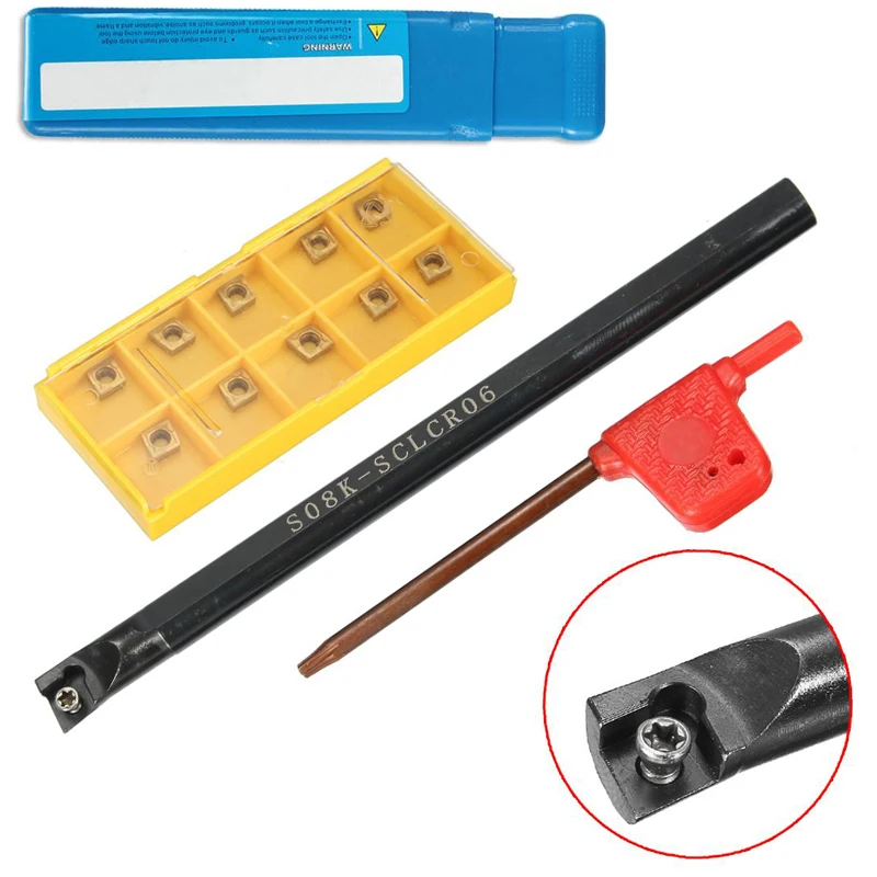 S08K-SCLCR06 Turning Tool Holder Boring Bar + 10pcs CCMT060204-HM Blades Inserts + T8 Wrench For Lathe Turning Tool Mayitr