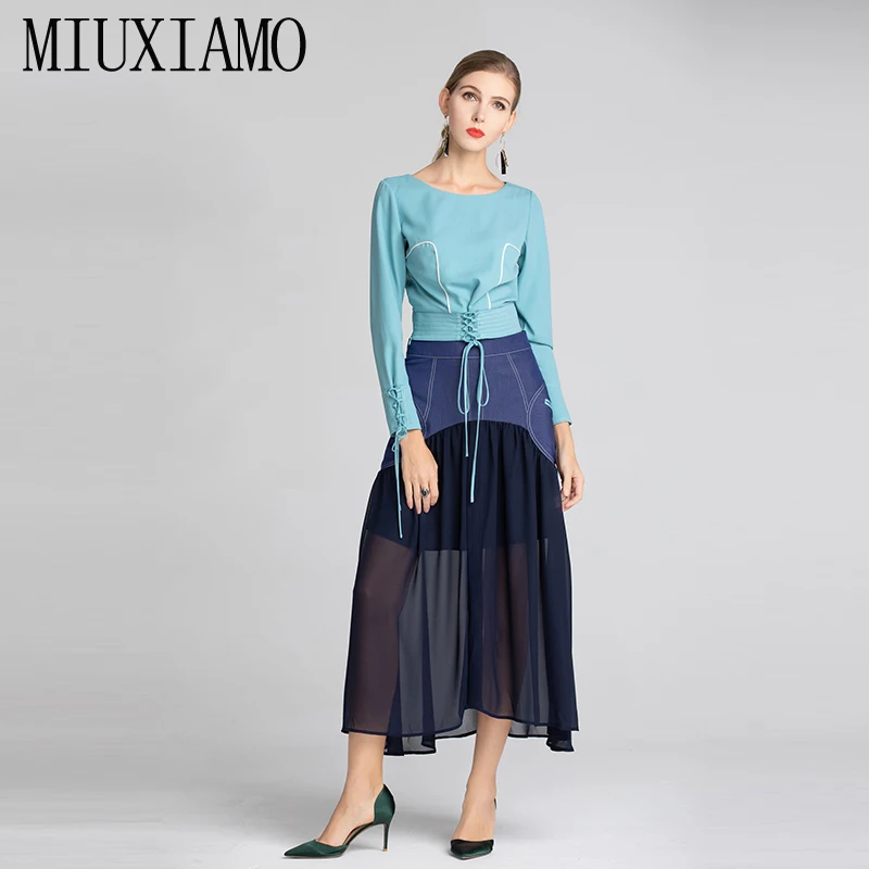Ensembles Costume Miuximao Nouveau Manches 2019 Pièce Style 2 Longues Printemps Jupe Salopette cou Bleu À Top Épissage Robe Femmes D'o nX1WX