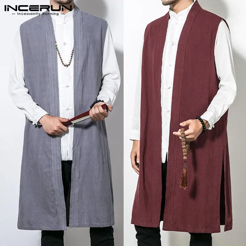 

INCERUN Men Chinese Style Vest Trench Sleeveless Vintage Casual Long Waistcoat Solid Cotton Male Cardigan Outerwear L-5XL 2019