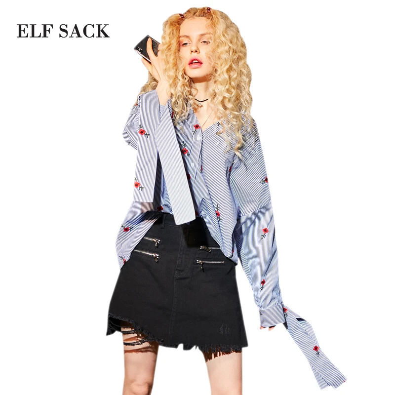 

ELF SACK Women 2018 Embroidery Flowers Blouses V-Neck Lacing Sleeve Loose Sweet Sexy Womens Tops Striped Blouse Casual Shirts