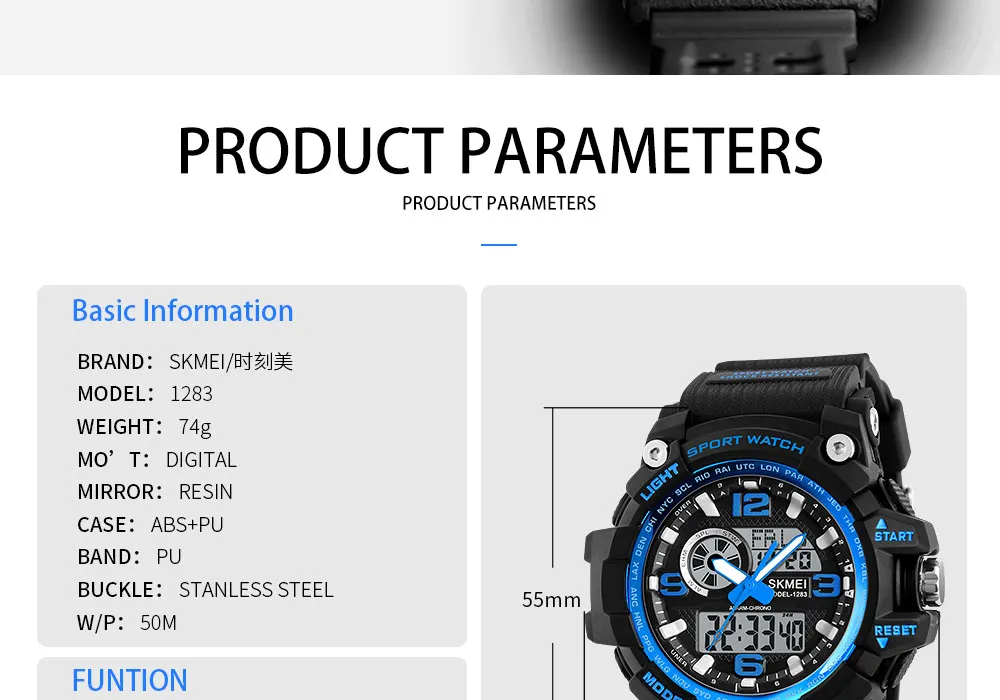 SKMEI 1283 Sport Watch Men Military 5Bar Waterproof Quartz Dual Display Wristwatch