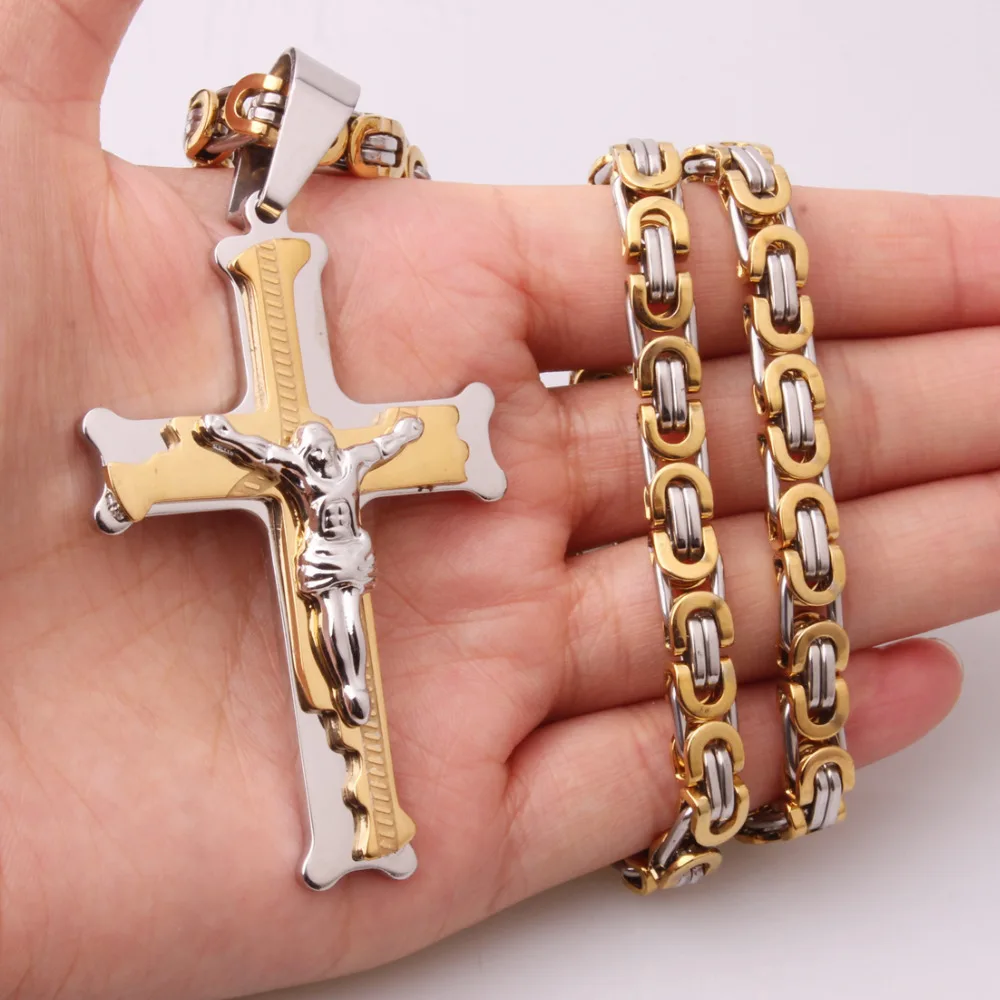 Подвеска Jesus Cross колье 6 мм Серебряное золото звено византийская цепочка