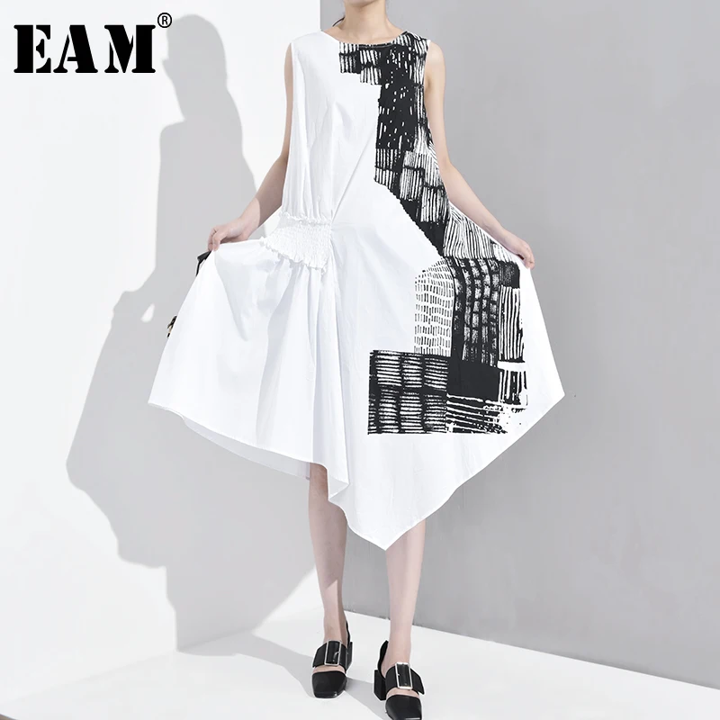 

[EAM] 2019 New Spring Summer Round Neck Sleeveless Pattern Printed Irregular Loose Temperament Dress Women Fashion Tide JU8760