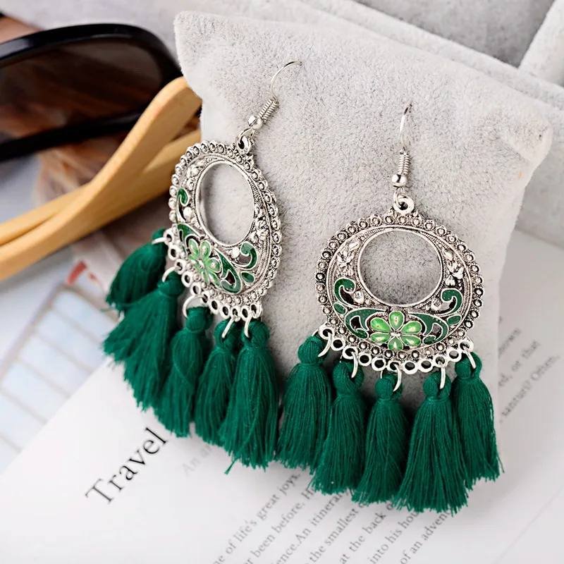 

New Vintage Indian Jewelry Green Tassel Earrings For Women Gypsy Carved Big Flower Vintage Earrings Boho Jewelry Brinco 2019