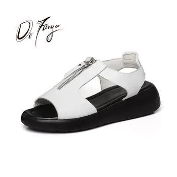 

DRFARGO 2019 Shoes Women Genuine Leather Platform Sandals for women Summer Black White zipper casual shoes big size 34-43 328