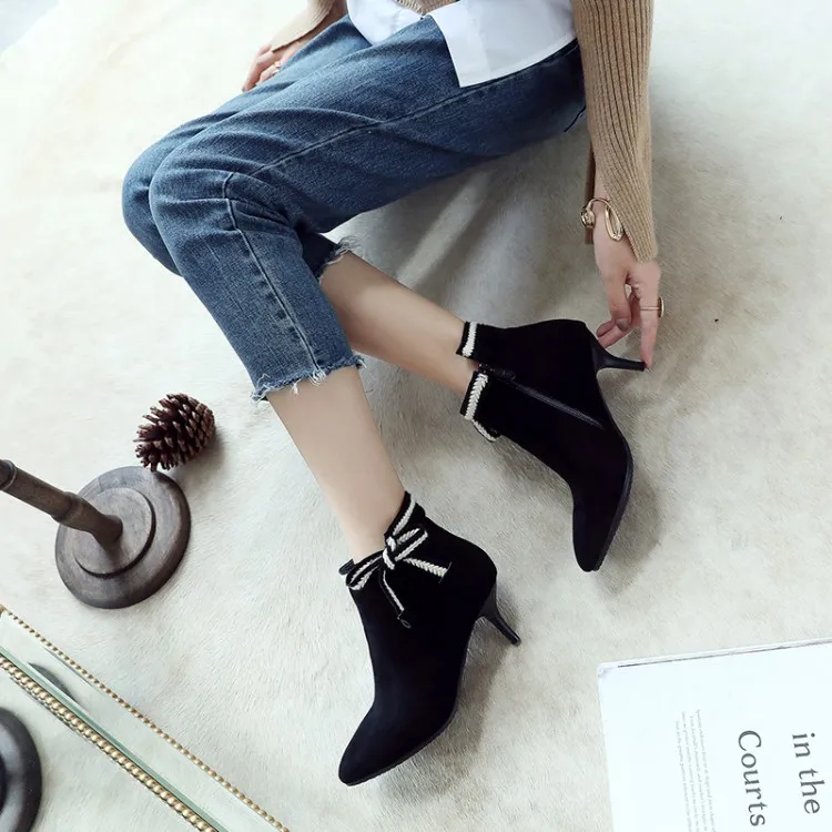 

Big Size 11 12 13 14 15 16 Ma'am Fine heel Short boots Bowknot boot barrel Suede high-heeled boots