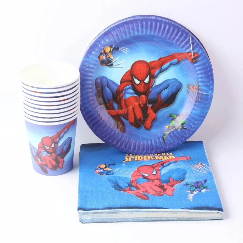 

60pcs\lot Kids Favors Decoration Party set Spiderman Cartoon Birthday Party Paper Plates Cups for 10 kid Baby Shower Supplies
