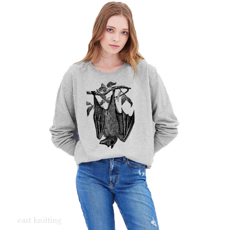  WS0150 Fashion Women Slouchy Hoodie Flying Fox Bat Printed Sweatshirt