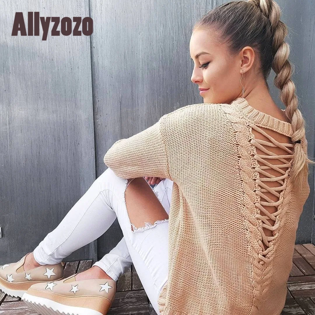 Women Autumn Casual Backless Hollow Out Pullovers Fashion Brief Sexy Knitted Long Sleeve Sweater Rebecas Mujer winter clothes | Женская