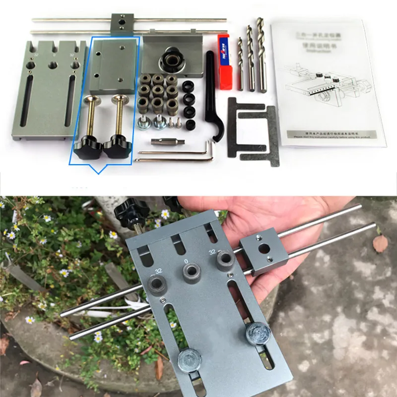3 in 1 Drill Punch Locator Cabinet Hardware Jig Drill Guide Furniture Woodworking Joinery Drilling Dowelling Hole Saw Adjustable (6)